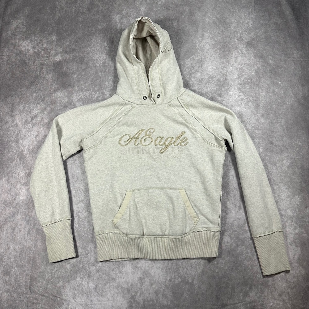 American Eagle Womens Oatmeal Heather Embroidered Logo Hoodie Small Y2K Fleece